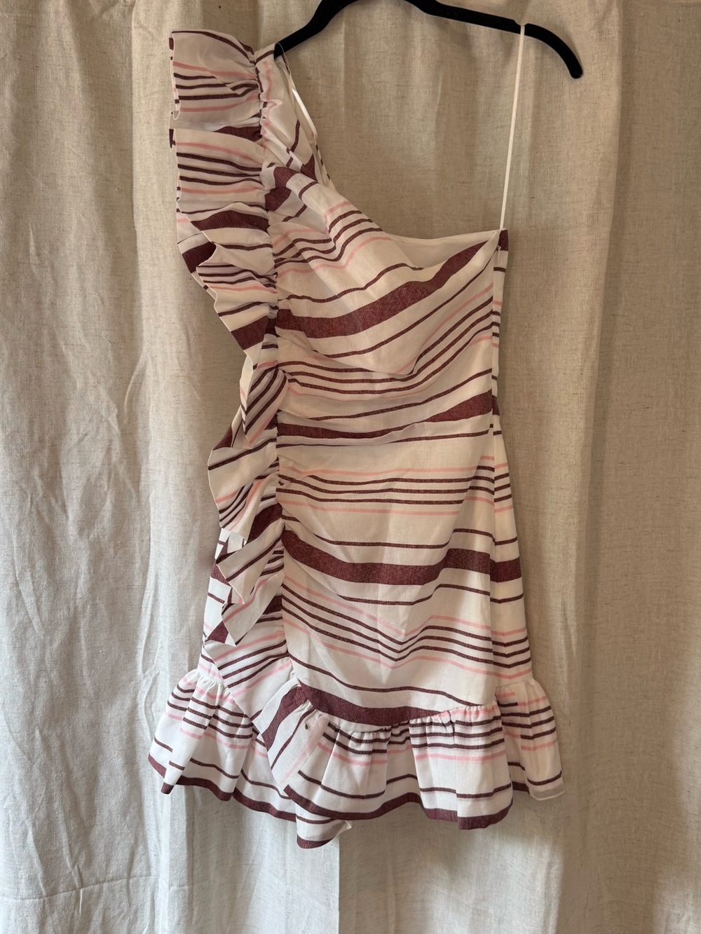 C/MEO Collective Cream and Burgundy One-Shoulder Ruffle Mini Dress